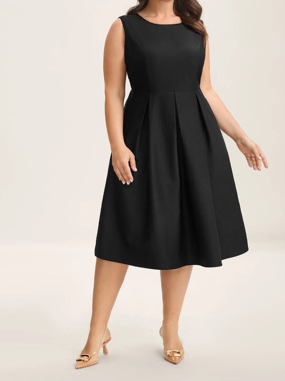 Bloom Chic, Classic Woven Inner Pleated Midi Dress, Black, 14-16/1X